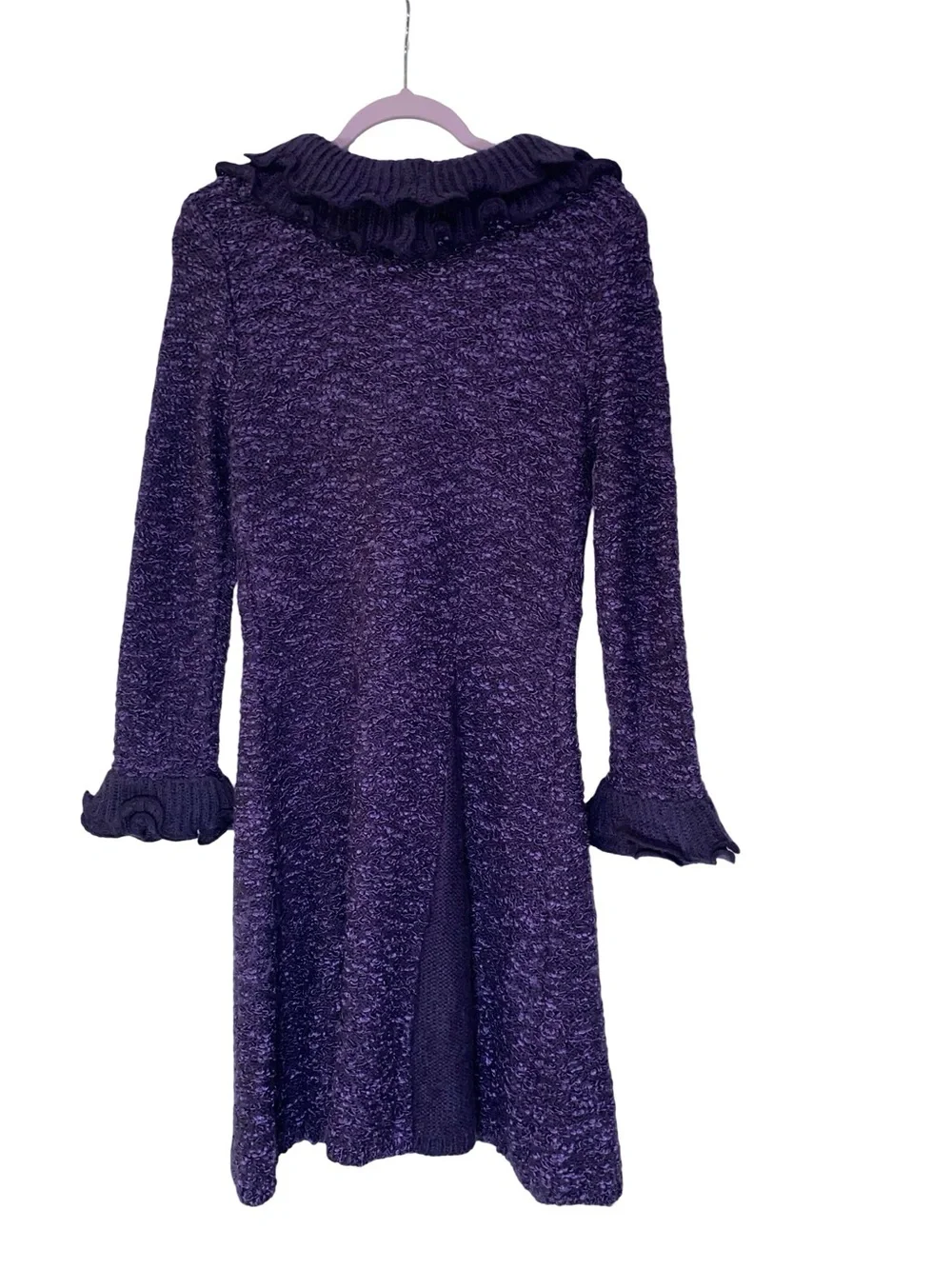 Patrizia Luca Purple Textured Knit Ruffle Longline Cardigan Sweater Coat Size S